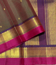 Sahana- Beautiful Double tone Manthulir Green with Purple Buttas Handwoven Pure Jari Kanjivaram Silk with beautiful double colored borders rich pallu and contrast woven blouse