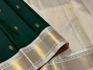 Bottle Green with offwhite Buttas Handwoven Pure Jari Korvai Kanjivaram Silk Saree Beauty