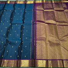 Sapphire Blue with Dark Purple Buttas Handwoven Pure Jari Kanjivaram Silk Saree with rich borders with green selvedges gorgeous pallu and contrast woven blouse
