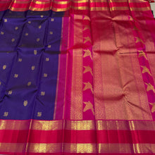 Vaibhogam- Stunning Deep Meenakshi Blue with Tomato Pink Buttas Handwoven Pure 2g Jari Korvai Kanjivaram Silk with rich borders beautiful Birds woven pallu and contrast woven blouse