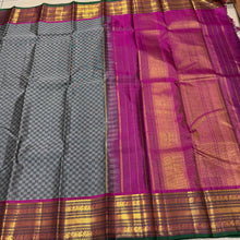 Sahana-Gorgeous Light & Dark Grey with Deep Magenta Handwoven Pure Jari Kanjivaram Silk in paimadi style woven body with rich varisai borders with green selvedged beautiful rich seer pallu and contrast woven blouse