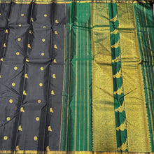 Saranga- Gorgeous Black with Dark Emerald Green Small Borders with Bird Buttas Kalakshetra Kili Pallu and Contrast Zari Striped Blouse Handwoven Pure Kanjivaram Silk Saree
