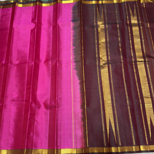 Bright Pink with Dual tone Manthulir Brown Small Border Handwoven Pure Light Weight Kanjivaram Silk Saree Beauty with Striped body