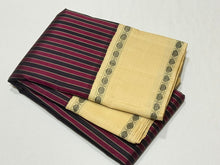 Gorgeous Handwoven Pure Zero Zari Korvai Kanjivaram Silk Saree witu maroon and black striped body with gorgeous creamish white rudrakshapet woven borders classic seer pallu and contrast woven blouse