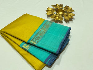 Lemon Sampanga with Turquoise Handwoven Pure Jari Korvai Kanjivaram Silk Saree Beauty