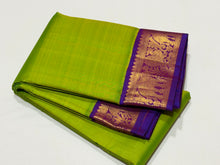 Sarasangi-Beautiful Bright Sneha Green with Violetish Purple Handwoven Pure Korvai Kanjivaram Silk with rich elephant and peacock motifs woven borders rich pallu and contrast woven blouse
