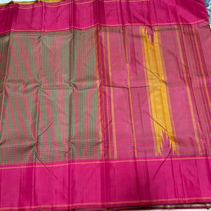 Vintage Inspired Multichecks Podikattam with Arakku Pallu Blouse with Striped Blouse Handwoven Pure Zariless Kanchipuram Silk Saree