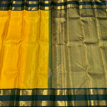 Sunshine Yellow with Sapphire Green Vairaoosi with Rettapet Borders Handwoven Pure Jari Korvai Kanjivaram Silk Saree Beauty