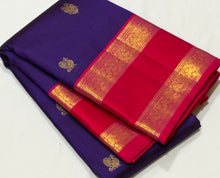 Vaibhogam- Stunning Deep Meenakshi Blue with Tomato Pink Buttas Handwoven Pure 2g Jari Korvai Kanjivaram Silk with rich borders beautiful Birds woven pallu and contrast woven blouse