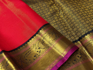 Strikingly Beautiful Red with Black Korvai Vairaoosi Handwoven Pure Jari Kanjivaram Silk Saree Beauty