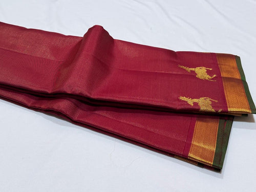 Arakku Red with Gold Vairaoosi with Border Deer Buttas Handwoven Pure Jari Kanjivaram Silk Saree Beauty