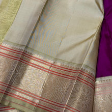 Deep Purple with Elakka Green in Kai Korvai Buttas Kanjivaram Silk Saree with beautiful diamonds and rudrakshas woven body intricate thambalam motifs woven borders rich pallu and contrast woven blouse
