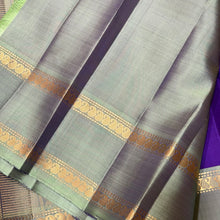 Sahana- Gorgeous Aubergine Purple with Dual tone Green Handwoven Pure Kanjivaram Silk with Polka Dots woven body with beautiful rettapet borders classic rich pallu and contrast woven blouse