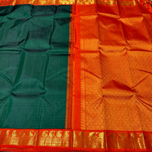 Sarasangi-Beautiful Bottle Green with Orange Handwoven Pure Korvai Kanjivaram Silk with beautiful paisleys and rudrakshas woven borders rich pallu and contrast woven blouse