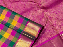 Multicolored Palum Pazhamum Checks with Rani Pink Pallu Blouse in a beautiful Handwoven Pure Jari Kanjivaram Silk Saree