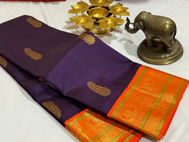 Deep Purple with Orange Handwoven Pure Jari Korvai Buttas Kanjivaram Silk Saree Beauty