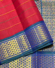 Vaibhogam- Beautiful Deep Red with Ganga Jamuna Neli Veldhari with Araimadam Borders Handwoven Pure 2g Jair Korvai Kanjivaram Silk with beautiful body borders rich pallu and contrast woven blouse