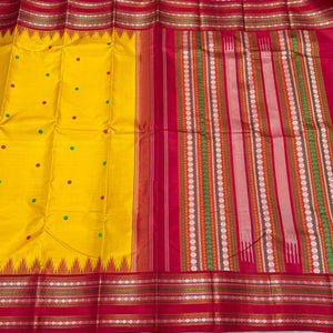 Yellow with Red Korvai with Buttas Handwoven Pure Zariless Temple Varisaipet Border Kanjivaram Silk Saree Beauty