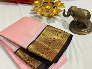 Soft Pink with Kanchana Blackish Blue Muthukattam Body Korvai Handwoven Pure Jari Kanjivaram Silk Saree Beauty
