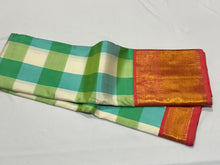 Pastel Palum Pazhamum Checks with Peach Handwoven Pure Jari Korvai Kanjivaram Silk Saree with rich borders beautiful pallu and contrast woven peach blouse