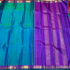 Peacock Blue Green with Purple Handwoven Pure Kanjivaram Silk Saree Beauty