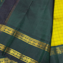 Sahana- Stunning Lemon Sampanga with Bottle Green Handwoven Pure 2g Jari Korvai Kanjivaram Silk with Checked body with rettapet double borders rich pallu and contrast woven blouse