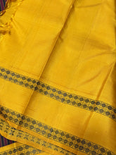 Mohanam-Gorgeous Handwoven Pure Korvai Zero Zari  Kanjivaram Silk Saree with beautiful maroon and black vertically striped body with rettapet rudrakshas woven beautiful mustard yellow borders gorgeous seer pallu and contrast woven blouse
