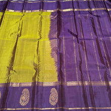 Olive Green with Dark Aubergine Purple Self Striped body with border paisley motifs Handwoven Pure Classic Simple Kanchipuram Silk Saree Beauty
