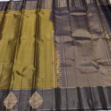 Sahana- Gorgeous Bronze Gold with Blackish Purple Handwoven Pure Jari Kanjivaram Silk with Striped body with rich jarioosi with buttas woven borders beautifully woven pallu and contrast blouse