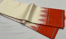 Saraswati- Offwhite with Orange Temple Bordered Handwoven Pure Zariless Korvai Kanjivaram Silk with beautiful orange borders rich seer pallu and contrast orange blouse