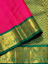 Sarasangi- Dual tone Rani Pink Short Tomato with Deep Emerald Green Handwoven Pure Korvai Kanjivaram Silk with rich borders gorgeous pallu and contrast woven blouse