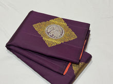 Deep Beetlenut Purple with Peachish Orange Meenakari Motifs Handwoven Pure Borderless Kanjivaram Silk Saree with rich pallu and contrast woven blouse