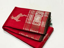 Red with Silver Jari Handwoven Pure Kanjivaram Silk Saree with Green Selvedges with Deer motifs woven all over the body with rich borders pallu and self colored blouse