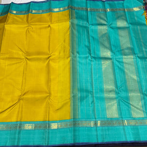 Lemon Sampanga with Turquoise Handwoven Pure Jari Korvai Kanjivaram Silk Saree Beauty