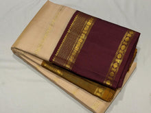 Vaibhogam- Gorgeous Ivory White with Bronze Mustard and Maroonish Brown Handwoven Pure Zari Korvai Kanjivaram Silk with Ganga Jamuna Borders rich doublepet borders rich getti zari pallu and contrast veldhari striped blouse