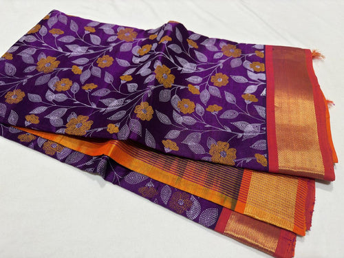 Purple with Orange Handwoven Pure Kanjivaram Silkcotton with Hand Pichwai Block Printed Saree Beauty