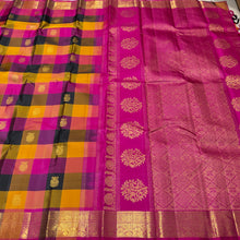 Sahana- Stunning Palum Pazhamum Multichecks with Gandaberund Buttas Handwoven Pure Jari Kanjivaram Silk with rich borders pallu and contrast woven jari striped pink blouse