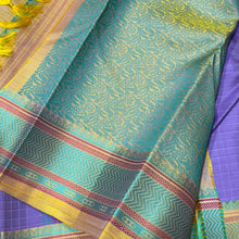 Saraswati- Beautiful Lavendar with Green and Yellow Handwoven Premium Zariless Kanjivaram Silk with Muthukattam Self Checked body with beautiful borders rich pallu and contrast jacquard woven beautiful blouse