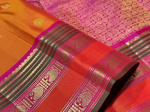 Mango Orange with Rani Pink Buttas with rettapet borders Handwoven Pure Jari Kanjivaram Silk Saree Beauty