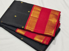 Stunning Black with Red Handwoven Pure Jari Kai Korvai Kanjivaram Silk Saree with Doublepet Borders woven body with beautiful small buttas woven all over with rich pallu and contrast woven blouse