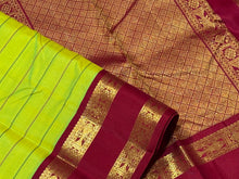 Mesmerizing Lime Green with Ganga Jamuna Borders Kai Korvai Neli Veldhari Handwoven Pure Jari Kanjivaram Silk Saree with Beautiful Fishpet Borders Beautiful Rich Pallu and Contrast woven blouse