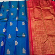 Peacock Blue with Red Borderless Muthukattam with Buttas woven body in a gorgeous Handwoven Pure Jari Kanjivaram Silk Saree with rich pallu and contrast woven blouse beauty