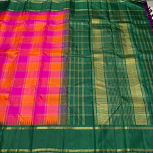 Sarasangi- Palum Pazhamum Checks Handwoven Pure Jari Korvai Kanjivaram Silk with jari kattam woven body beautiful bottle green borders pallu and contrast jari striped blouse