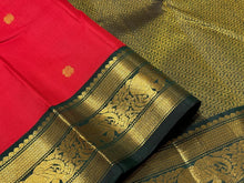 Red with Bottle Green Buttas Korvai Handwoven Pure Jari Kanjivaram Silk Saree Beauty