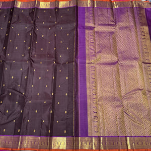 Coffee Brown with Purple Buttas Handwoven Pure Kanjivaram Silk Saree Beauty