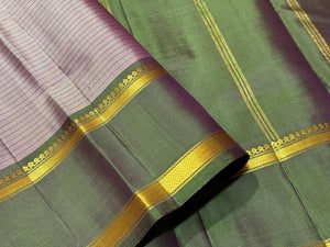 Dual tone pink grey with Green Striped Doublepet Handwoven Pure Light weight Kanjivaram Silk Saree Beauty