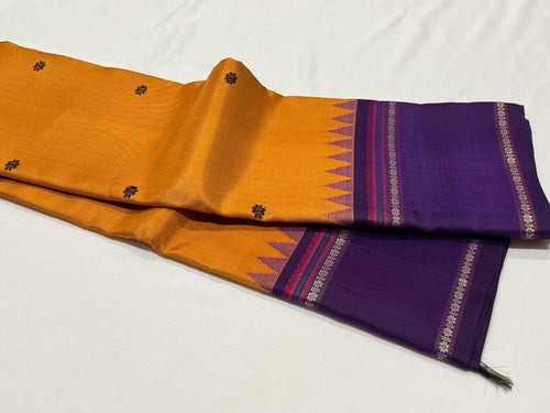 Mango Mustard with Purple Buttas Korvai Handwoven Pure Zariless Kanjivaram Silk Saree with temple borders beauty