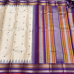 Offwhite with Purple Buttas Handwoven Pure Zariless Korvai Kanjivaram Silk Saree with temple borders beauty