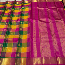 Vaibhogam- Gorgeous Multichecks Palum Pazhamum Checks with Buttas and Jari Lines woven beautiful body with rich borders stunning pallu and contrast pink jari striped blouse