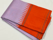 Sarasangi- Gorgeous Lavendar with Orange Handwoven Pure Jari Korvai Kanjivaram Silk with Kasakasa Podikattam woven body with temples woven borders rich jari woven seer pallu and contrast woven blouse